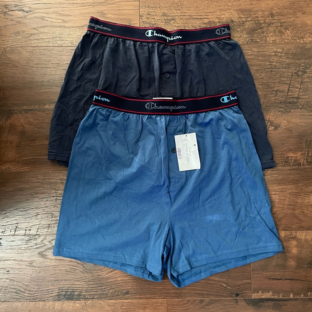 Men’s Champion Boxers (2) Size Medium, Navy Blue (used) and Medium Blue (NWT)